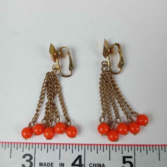 Vintage Gold Tone Orange Retro MCM Dangle Drop Clip on Earrings - Picture 1 of 2